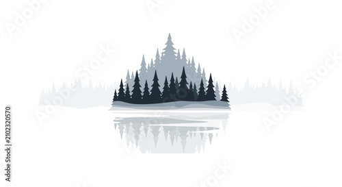 Foto Evergreen pine forest reflecting on calm lake water silhouette