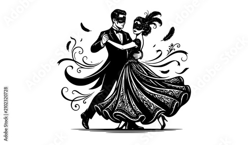 Foto Elegant black and white vector illustration of a couple dancing ballroom tango w