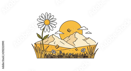 Large daisy flower in a mountain landscape with sun