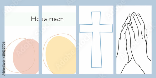 фотографія Four Line Art Panels Depicting Religious Symbols And Prayer Hands