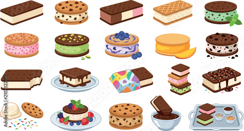 Foto Ice cream sandwich vector set assorted frozen desserts, chocolate chip cookies,