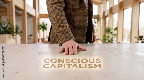 Business professional stepping on word concept. Corporate leader demonstrating ethical capitalism values in Corporate ethics and sustainability adv...