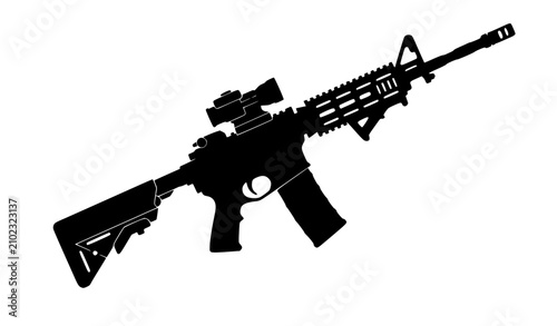 Quadro su tela Detailed black silhouette of tactical assault rifle with optical scope sight iso