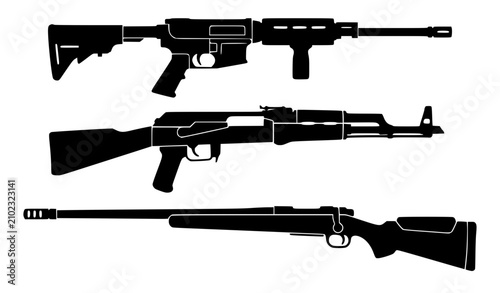 Foto Set of black silhouettes representing automatic assault rifles and long sniper f