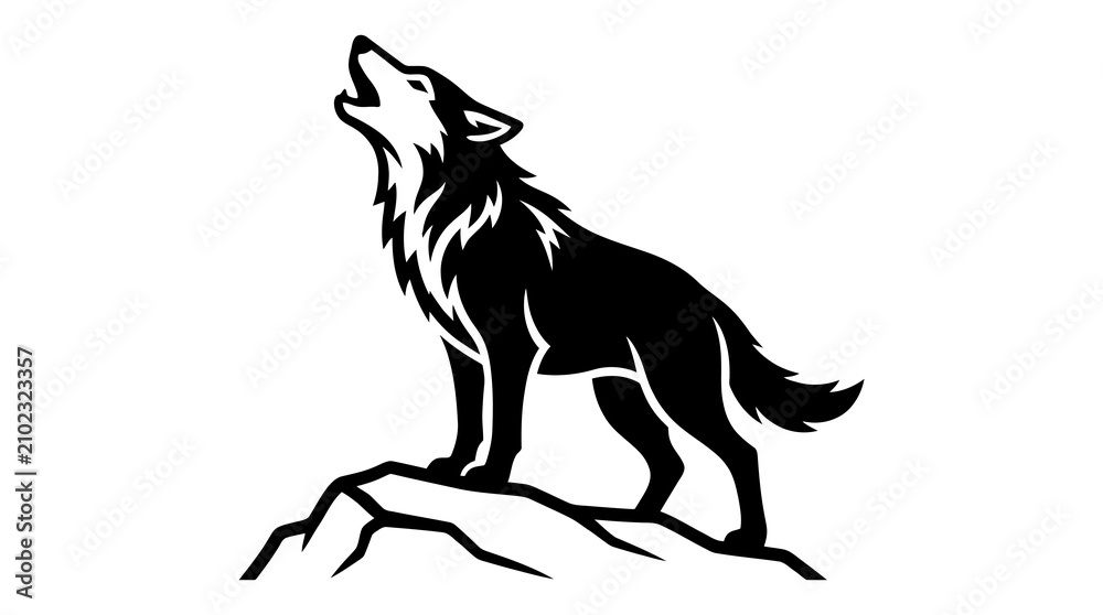 Obraz premium Wolf howling on rock silhouette icon isolated on white background for creative design.