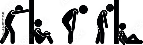Quadro su tela Depressed and exhausted stick figure icons set depicting sad people leaning on w