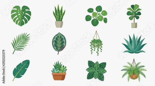 Canvastavla Sleek Collection of Modern Indoor Plants and Leaves in Vibrant Green and Teal Hu