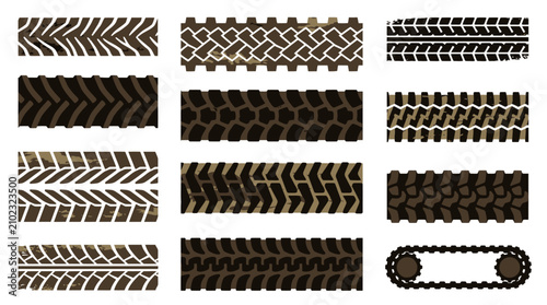 Collection of diverse industrial machinery tire tread pattern and heavy vehicle track imprint isolated on a plain white background for construction and transport design graphic.