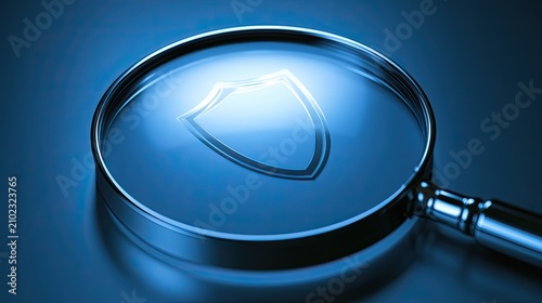 Magnifying glass focuses on a glowing shield icon, symbolizing protection