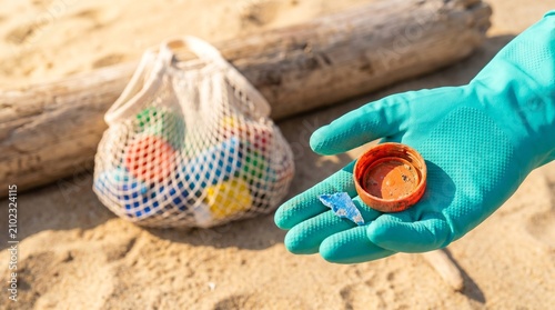 Volunteer cleaning plastic waste on beach holding bottle cap and debris in gloved hand for environmental conservation and ocean pollution awareness