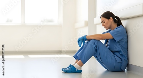Exhausted female nurse sitting on hospital floor suffering from medical burnout