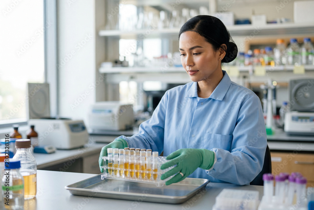Fototapeta premium Asian female scientist holding tray of test tubes with samples in modern laboratory