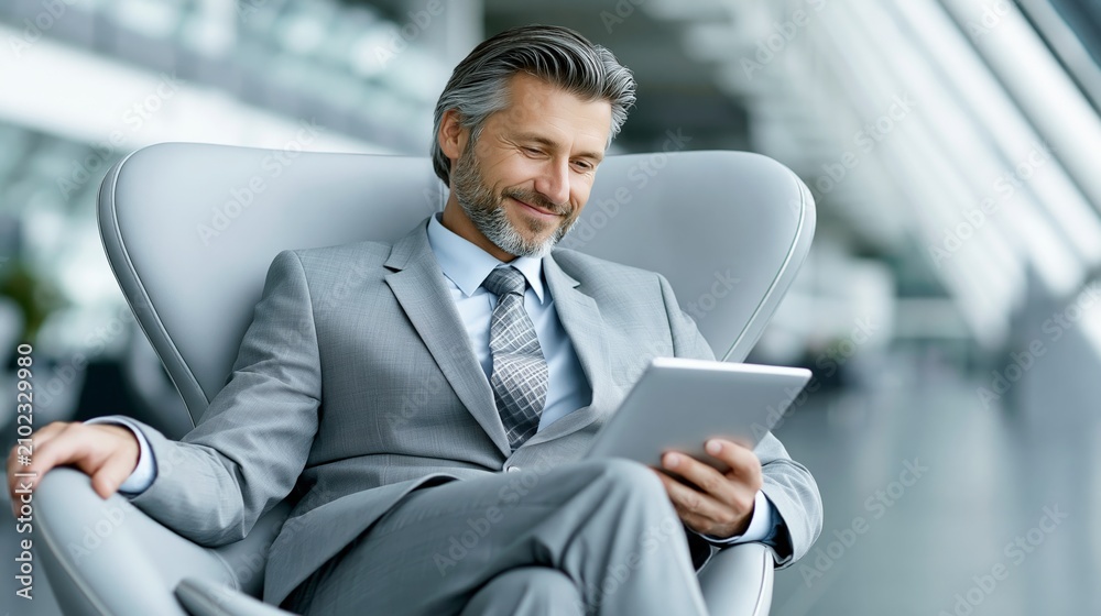 Fototapeta premium Confident businessman using tablet in a modern office setting.