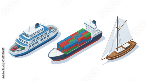 Isometric set of maritime transport vessels featuring a modern passenger ferry industrial cargo container ship and elegant sailboat cruise yacht isolated on a clean white background
