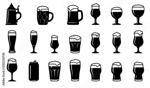 Craft beer glasses and mugs solid silhouette icons mega bundle featuring different brewery pints steins and pub symbols vector illustration