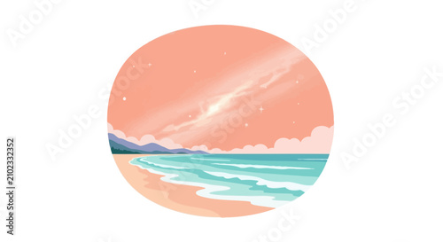 Tropical beach at sunset with pink starry sky and ocean waves
