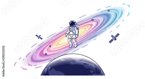 Photos Astronaut floating in space near a colorful galaxy and earth