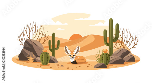 Foto Fennec fox sitting in a sandy desert with cacti