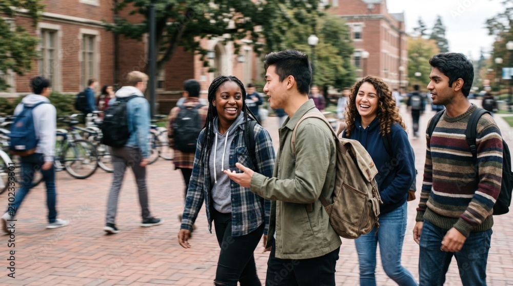 Obraz premium Diverse Group of College Students Walking and Talking on University Campus Pathway, Young Adults Discussing Academic Life and Education