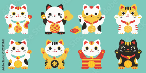 Maneki Neko Cats Vector Illustration With Colorful Patterns And Accessories
