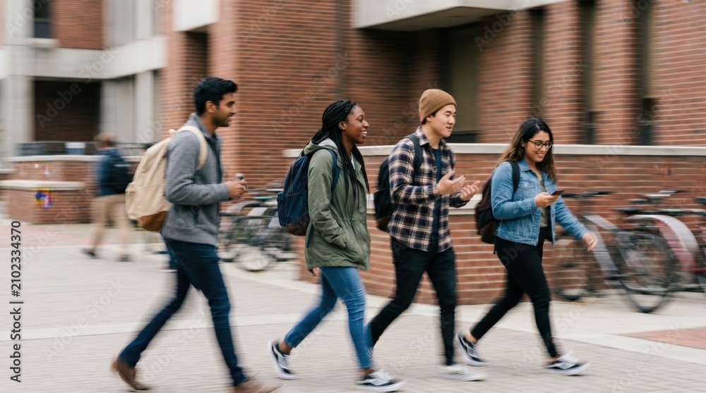 Obraz premium Diverse Group of College Students Walking Together on University Campus Outdoors Representing Academic Life and Friendship
