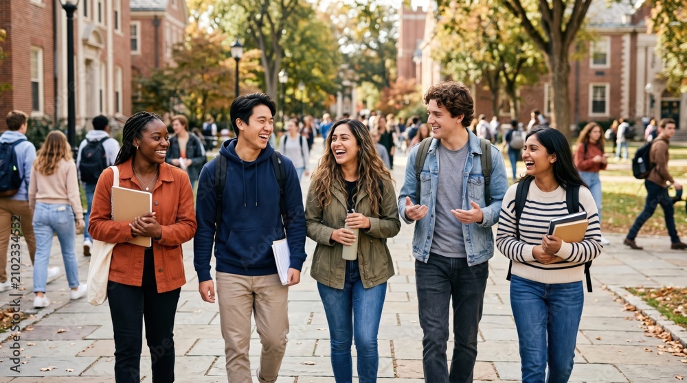 Obraz premium Diverse Group of College Students Walking on Campus Path Laughing Together, Young Adults Enjoying University Life and Academic Friendship