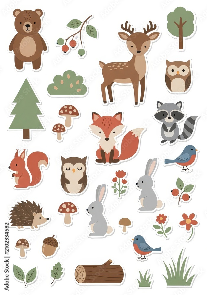Fototapeta premium Cute Woodland Animals and Forest Nature Sticker Set with Bear Fox Deer Owl and Rabbit Illustrations for Kids