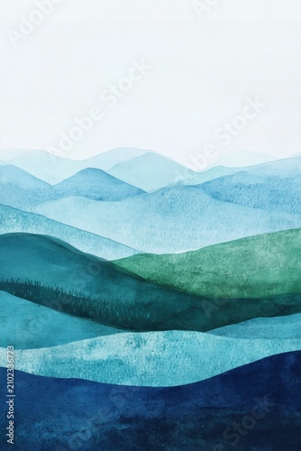 Layered blue and green mountain landscape, watercolor style