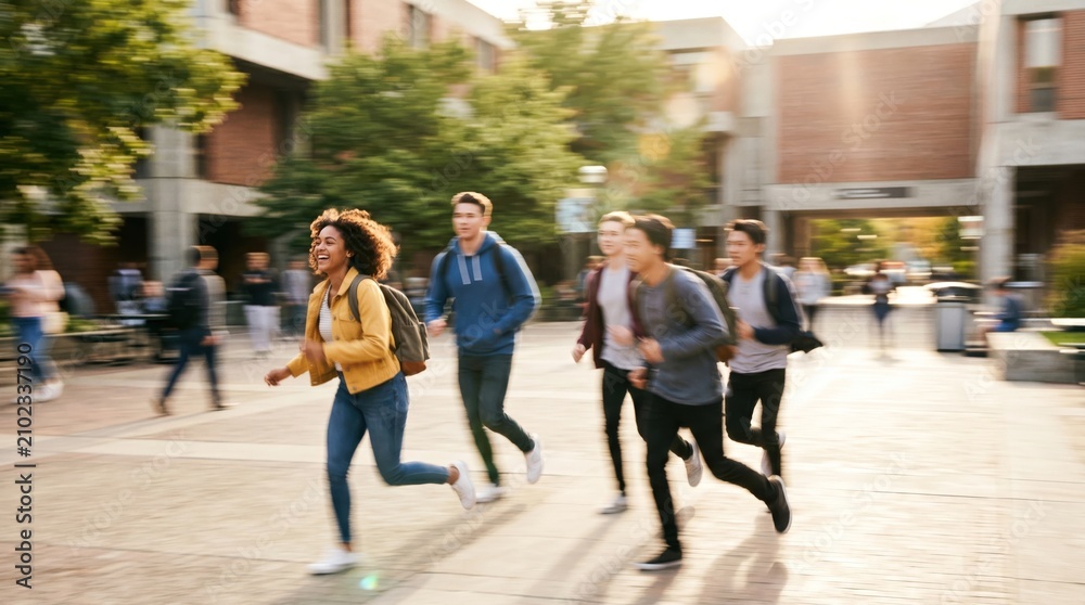 Fototapeta premium Diverse College Students Running Across Campus Courtyard Together, Energetic Young Adults Rushing to Class, Education and University Life Concept