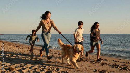 Happy Family with Dog Running on Sandy Beach at Sunset