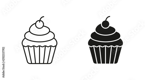 Set of Minimalist Cupcake Icons Featuring Outline and Solid Dessert Silhouettes