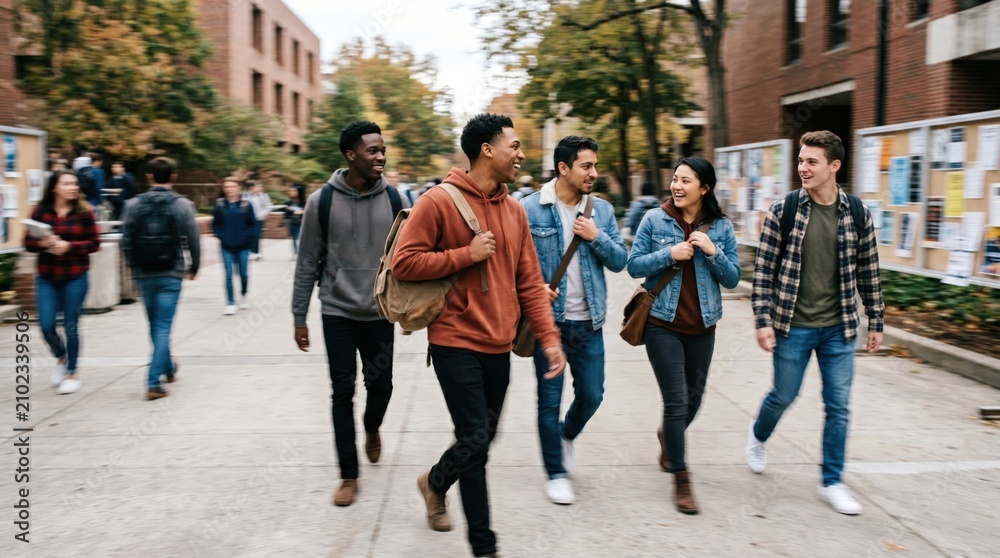 Obraz premium Diverse group of college students walking and talking on university campus, young multiethnic friends with backpacks heading to class, education and friendship concept