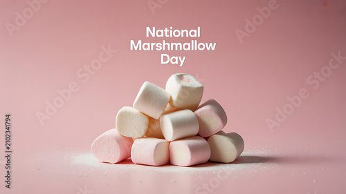 A pile of marshmallows on a pink background celebrating National Marshmallow Day