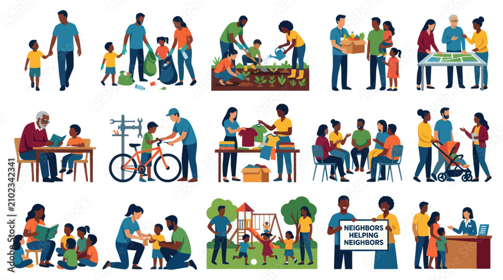 Fototapeta premium Diverse Flat Vector Illustration: Community, Social Services, Volunteering, Family Neighborhood Life