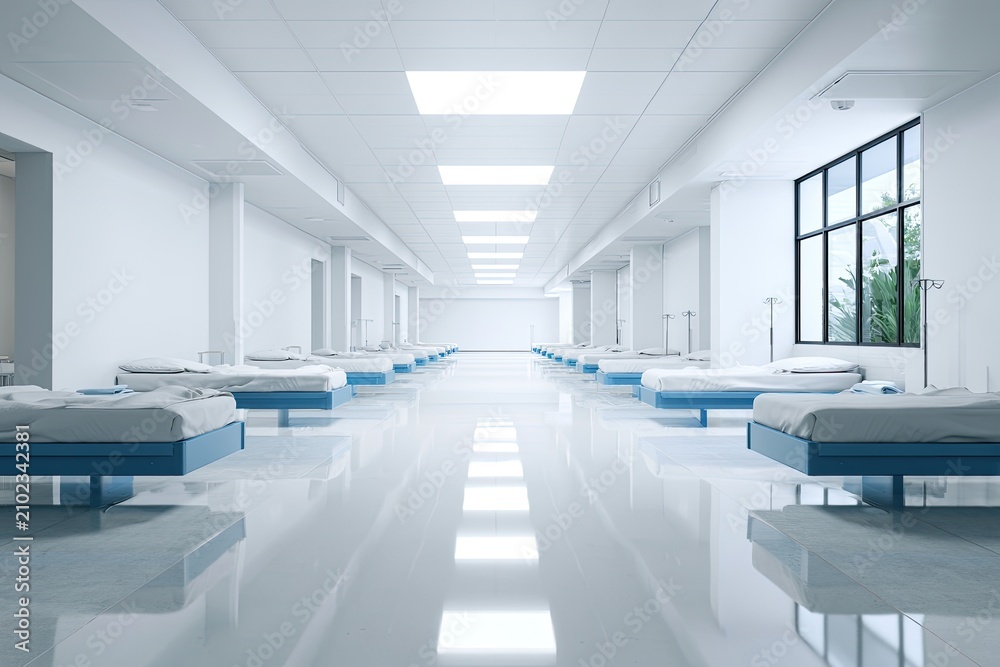 Fototapeta premium Long, sterile hospital corridor with rows of empty beds under bright lights