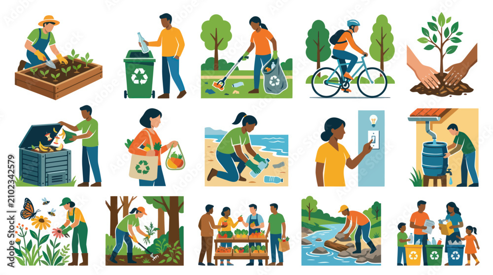 Fototapeta premium Eco-friendly lifestyle: gardening, recycling, biking, planting trees, saving energy, composting, and community
