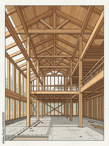 Interior view of a wooden post and beam house under construction