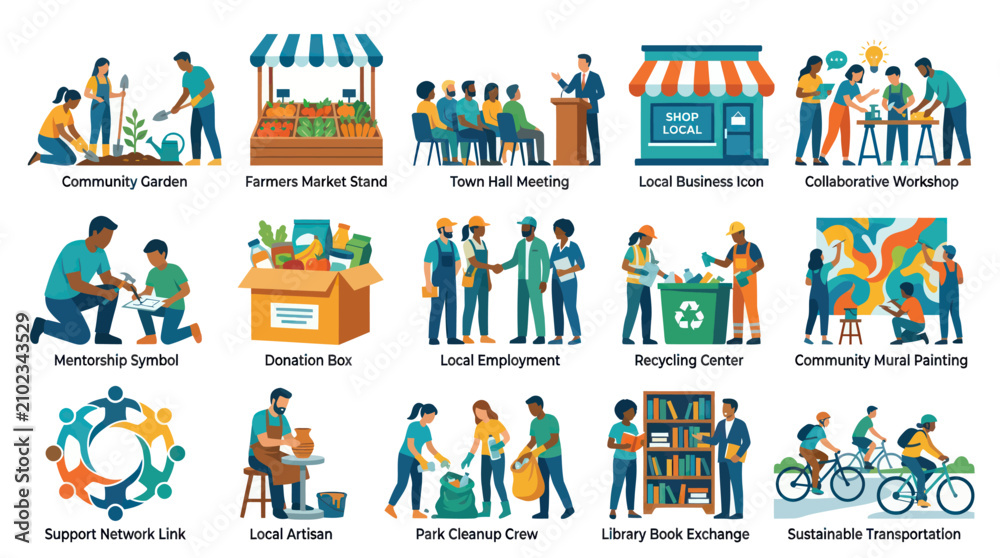 Naklejka premium Community Engagement and Local Services Flat Vector Icons Set. Sustainable Living, Social Responsibility, Mentorship Concepts