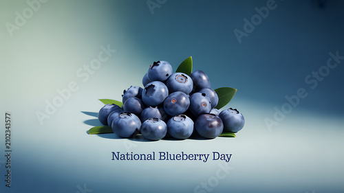 A pile of fresh blueberries with green leaves on a gradient background celebrating National Blueberry Day