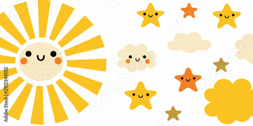 Canvastavla Stylized Sun Stars And Clouds Vector Illustration On White Background