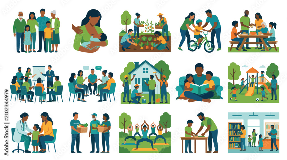 Fototapeta premium Diverse Community Activities, Flat Style Vector Art for Social Services
