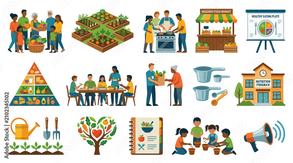 Naklejka premium Healthy Food, Nutrition Sustainable Agriculture Flat Vector Illustration Icon Set for Diet and Wellness Programs
