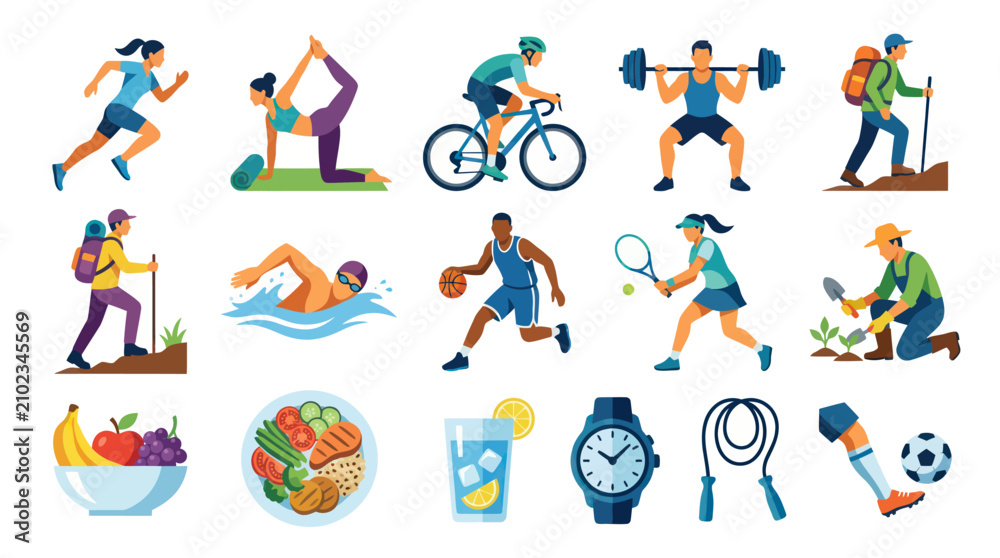 Fototapeta premium Healthy Lifestyle Flat Vector Illustration. Fitness, Wellness, Sports, Nutrition, and Well-being Activities
