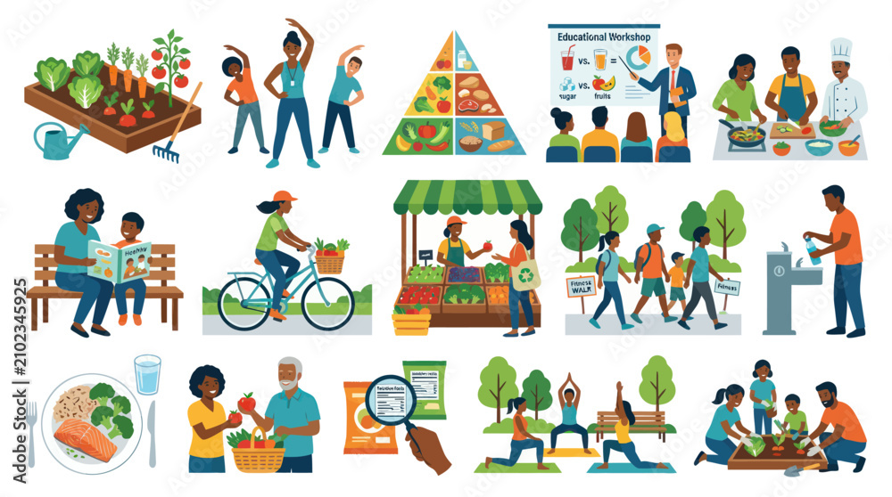 Naklejka premium Healthy Lifestyle and Nutrition Education for Family and Community, Flat Design