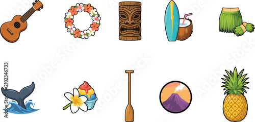 Obraz na płótnie Hawaiian Tropical Vacation Icon Set with Ukulele Lei Tiki Mask Surfboard Hula Sk