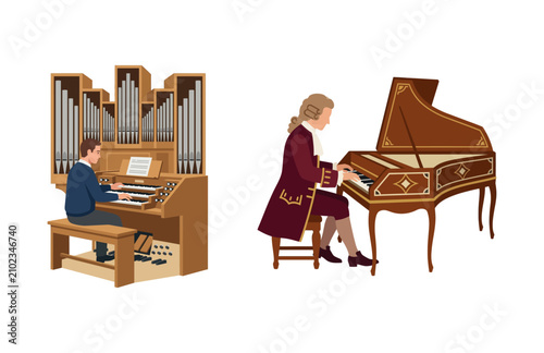 Картината върху платно Professional Musicians Playing Classical Pipe Organ and Baroque Harpsichord Inst