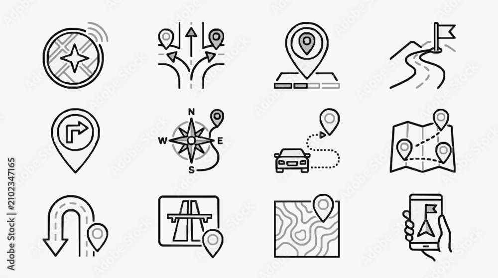 Fototapeta premium Sleek Minimalist Black and White Line Icons Set Featuring Navigation Direction and Location Based Symbols