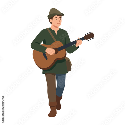 Tableau sur toile Young Male Bard Character Playing Acoustic Guitar Wearing Traditional Folk Medie