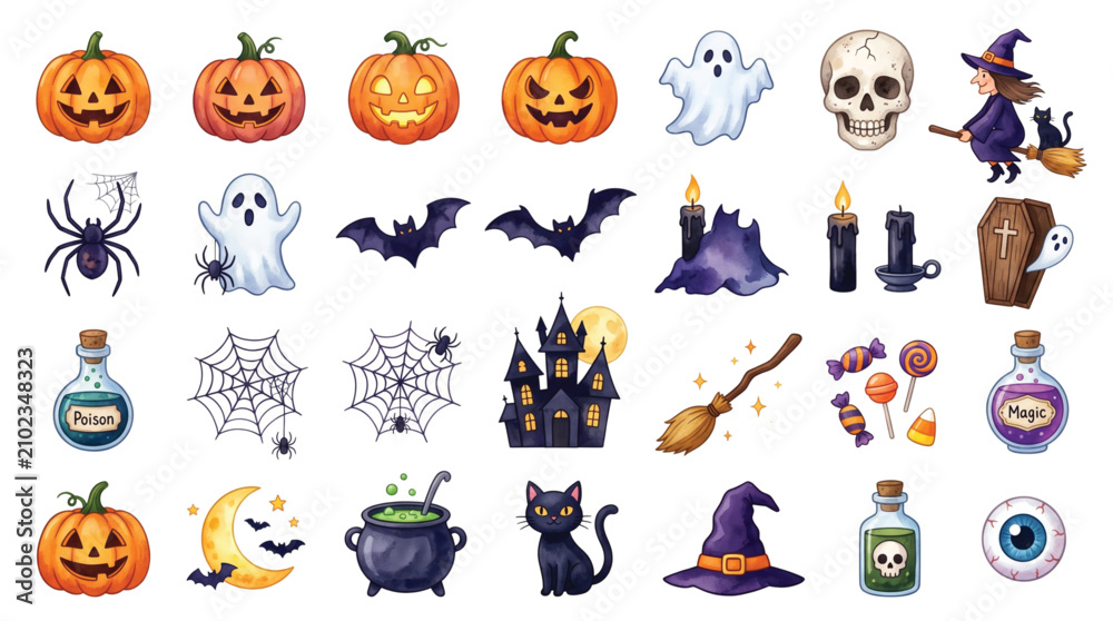 Obraz premium Halloween Watercolor Vector Icon Collection Isolated on White Background 