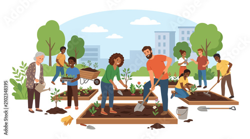 Diverse multicultural neighbors working together in an urban community garden flat vector illustration.